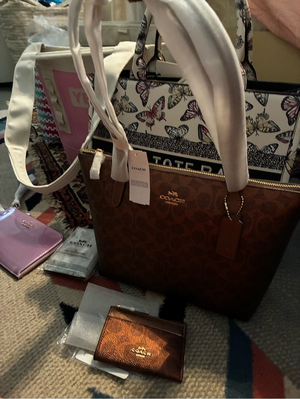 Coach Brown Signature Tote with Gold Logo and Matching Card Case
